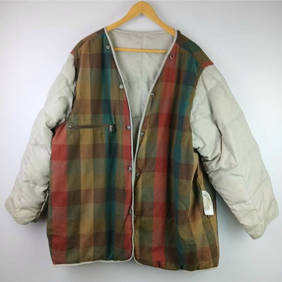 Eddie Bauer VTG SZ L Cotton Tan Chore Jacket Corduroy Collar Down Plaid Liner - Picture 5 of 11